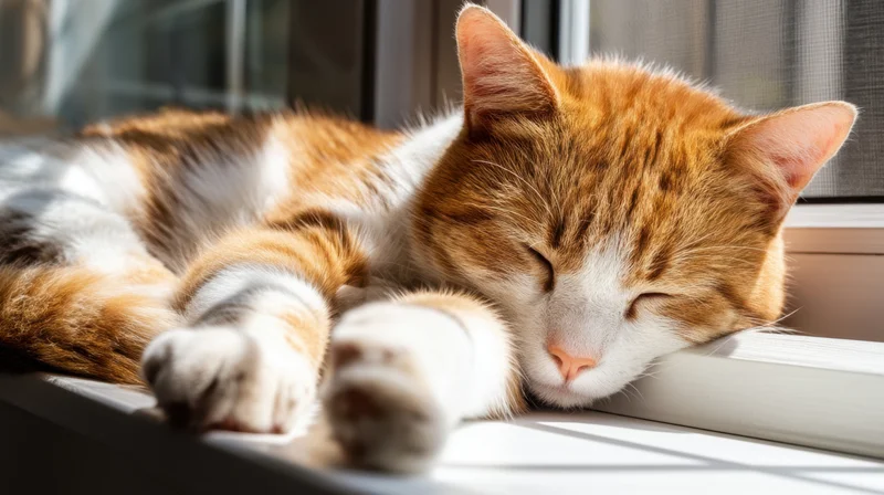 Orange and white cat sleeping on a windowsill in sunlight