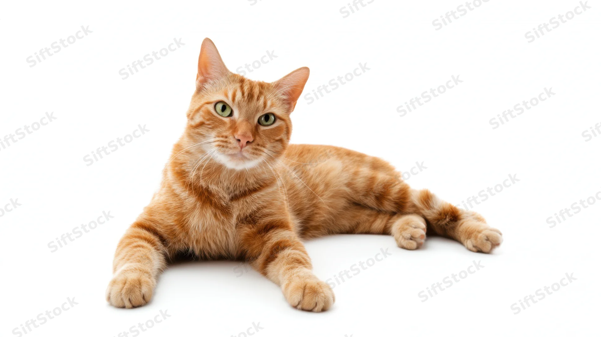 Orange tabby cat lying on white background in studio portrait