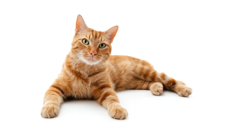 Orange tabby cat lying on white background in studio portrait