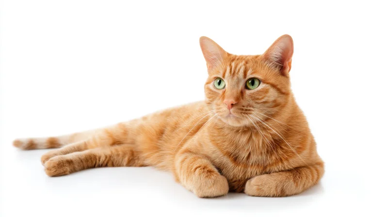 Orange tabby cat lying down on white background