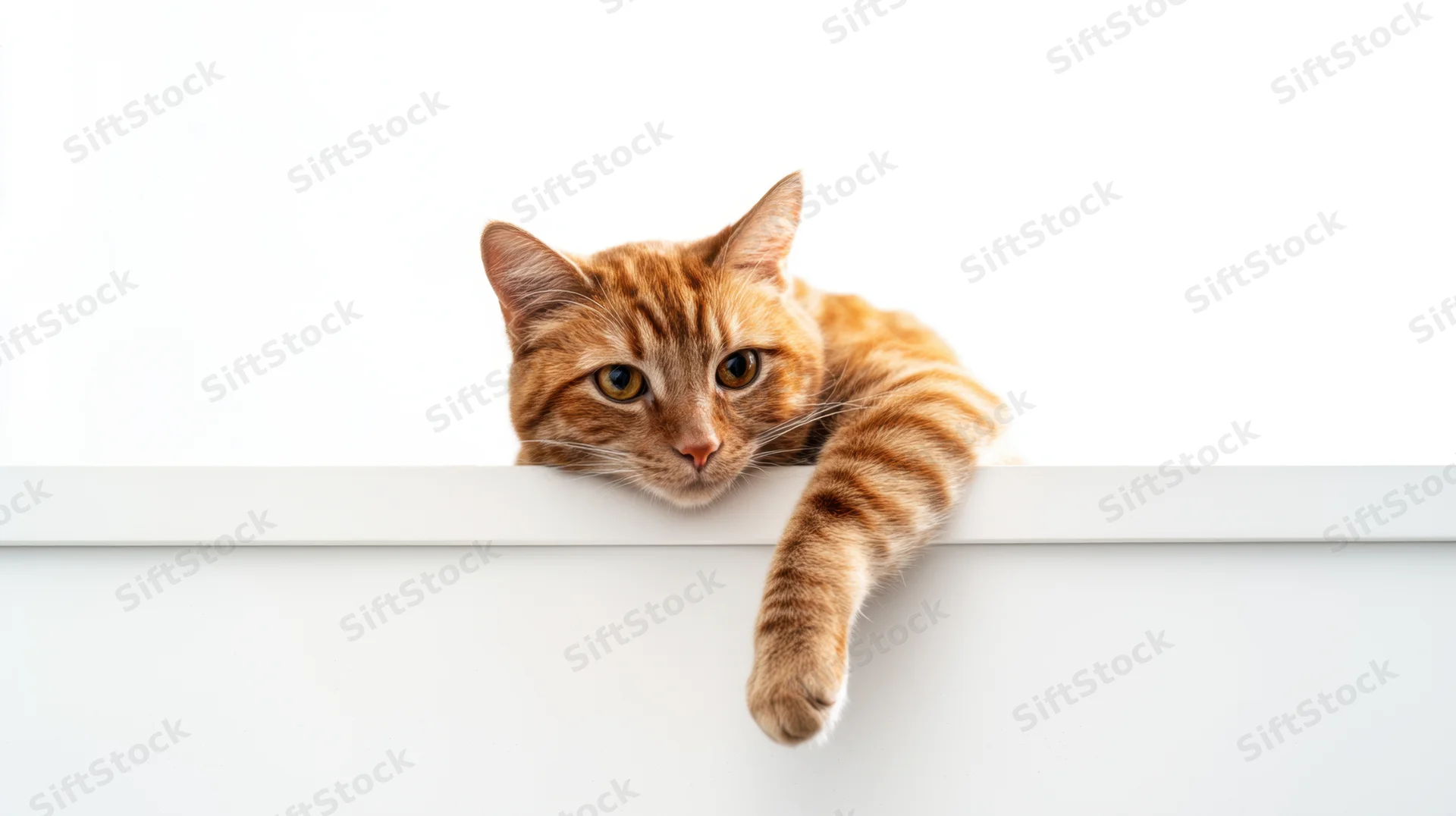 Orange tabby cat peeking over white ledge with paw extended
