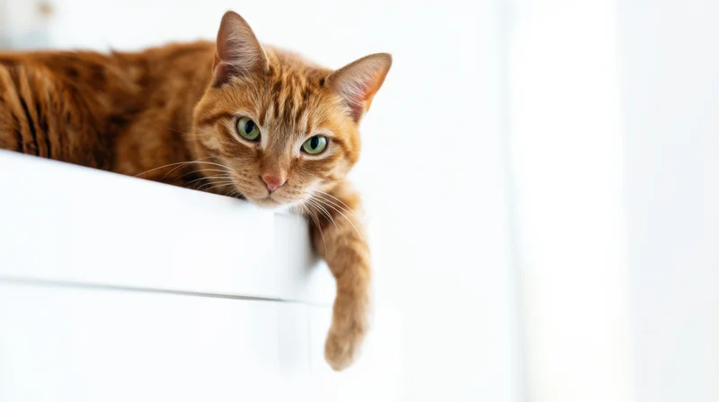Orange tabby cat peeking over white drawer edge in home interior