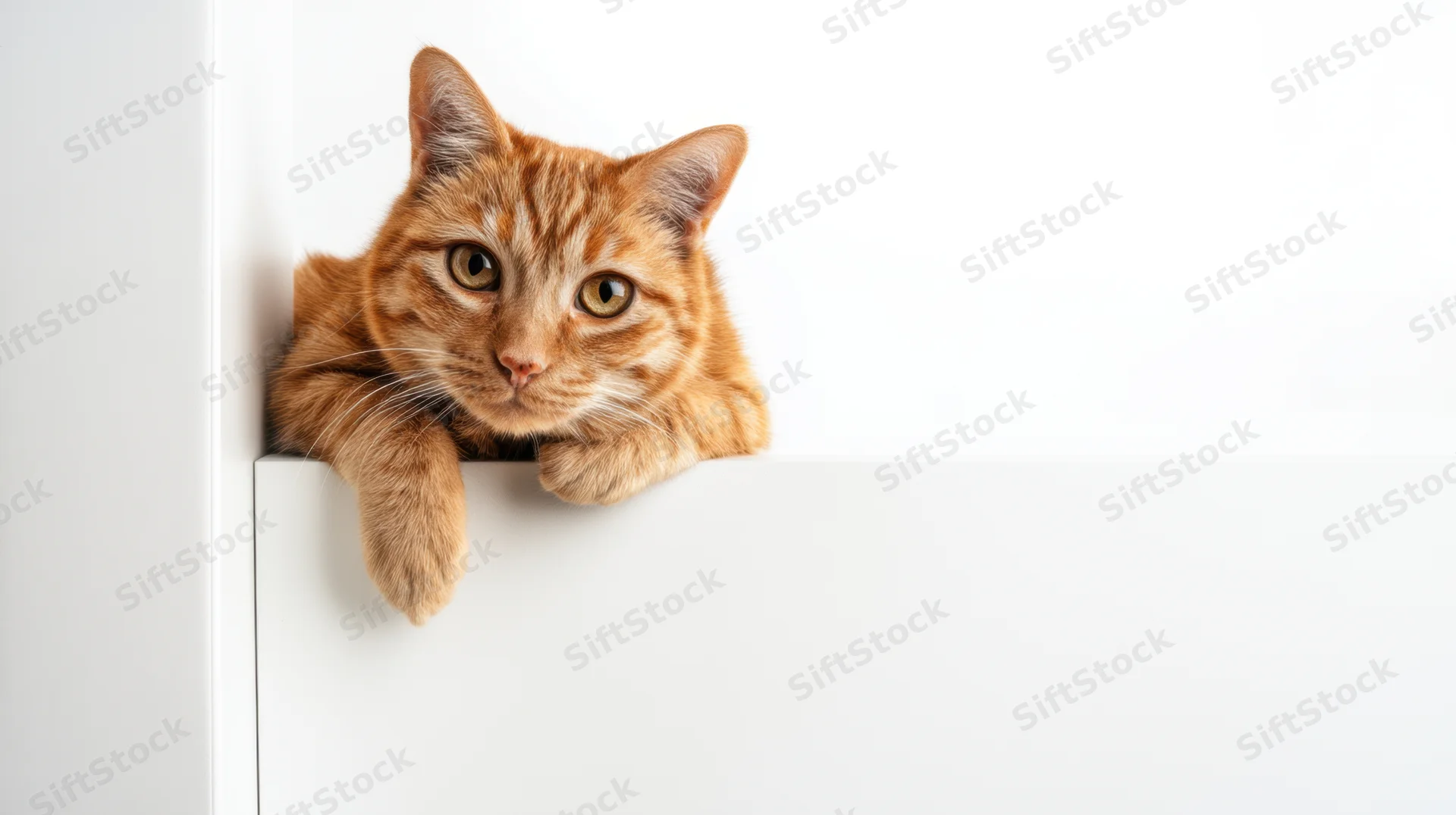 Orange tabby cat peeking over white surface with paws resting on edge, studio shot