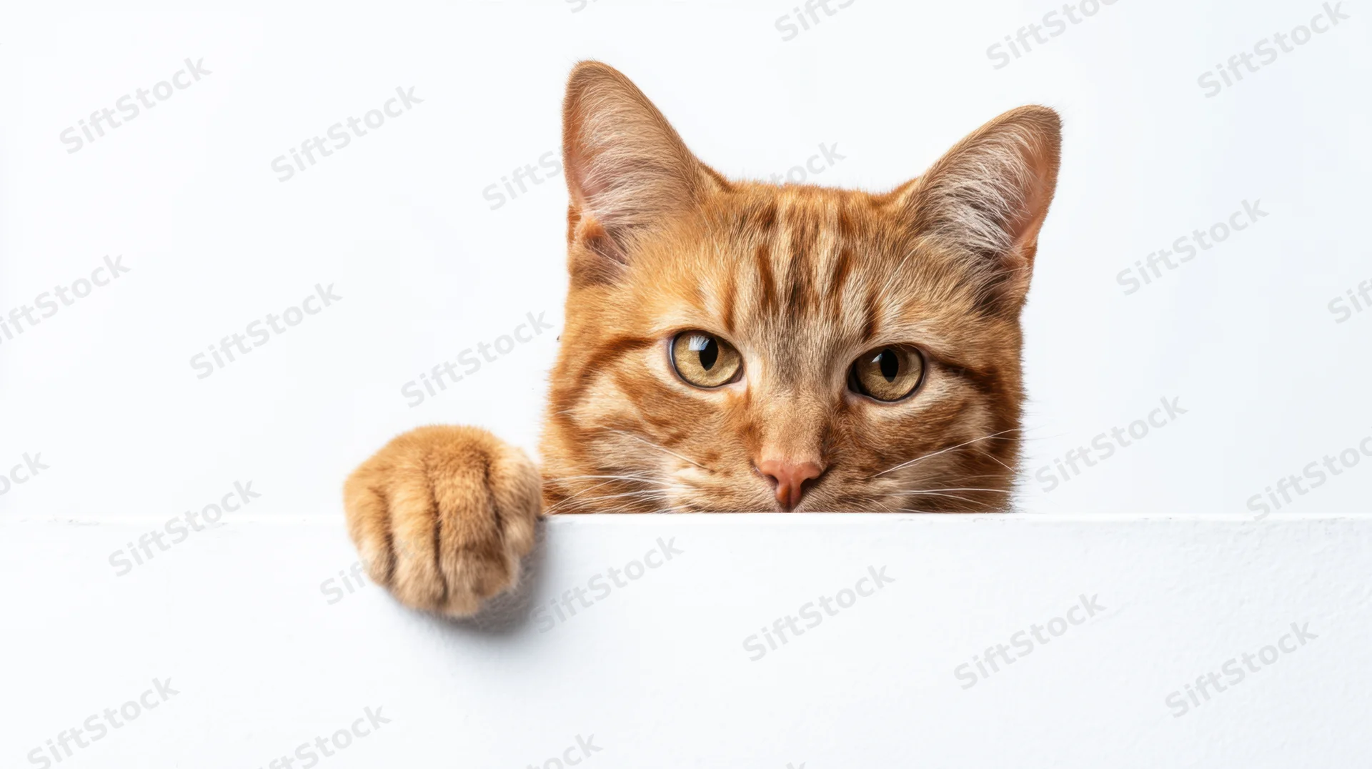 Orange tabby cat peeking over white surface with paw extended