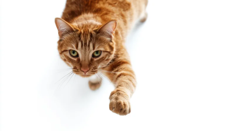 Orange tabby cat reaching forward with front paw extended on white background