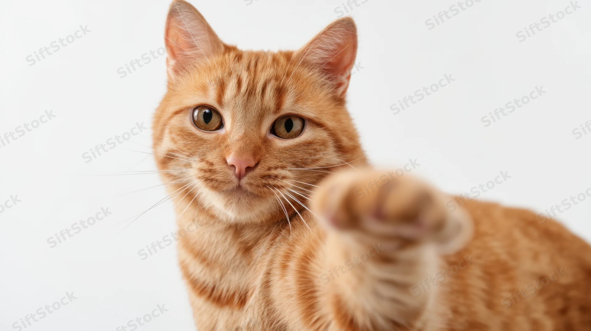 Orange tabby cat extending paw toward camera in studio setting