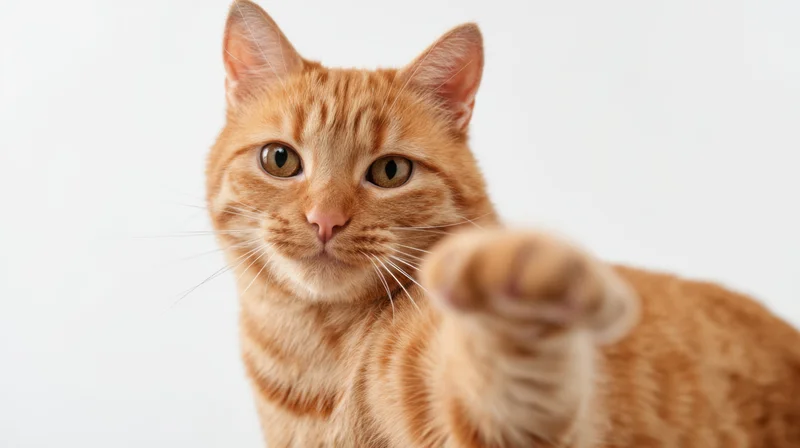 Orange tabby cat extending paw toward camera in studio setting