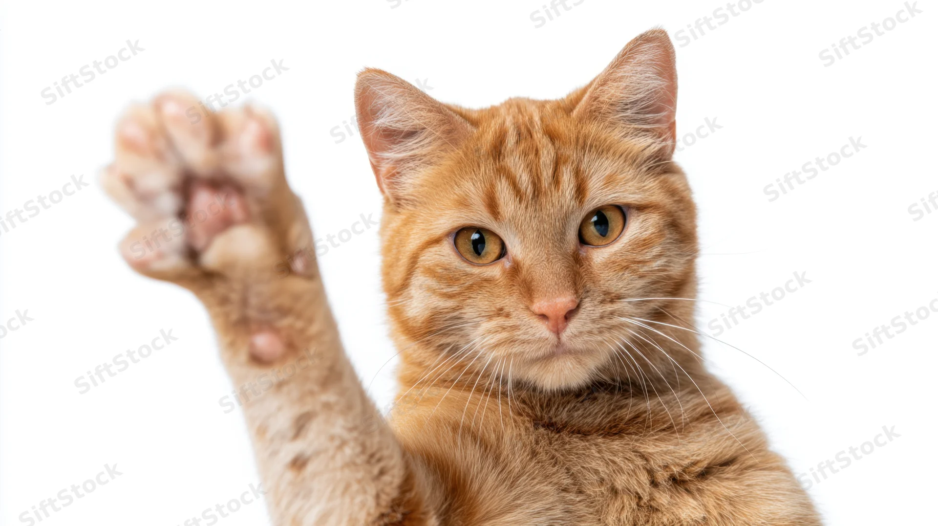 Orange tabby cat raising its paw in a waving gesture against a white background