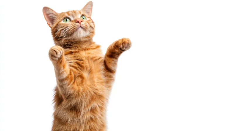 Orange tabby cat standing on hind legs with front paws raised against white background