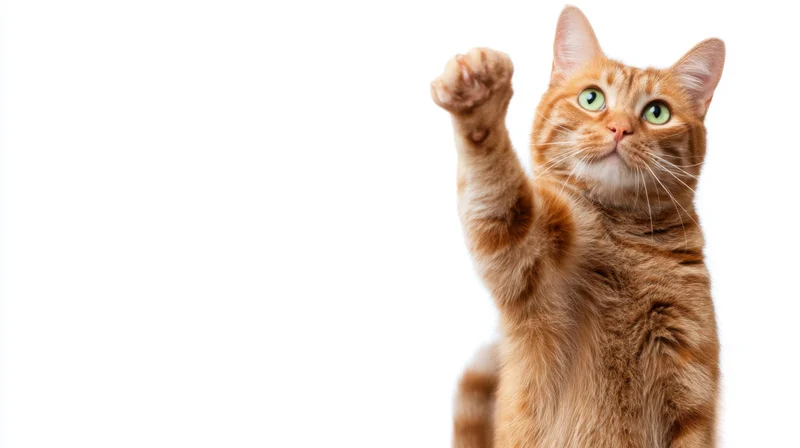 Orange tabby cat raising its paw while standing upright against a white background