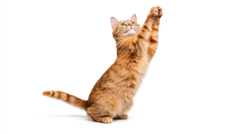 Orange tabby cat sitting and stretching with paws raised against white background