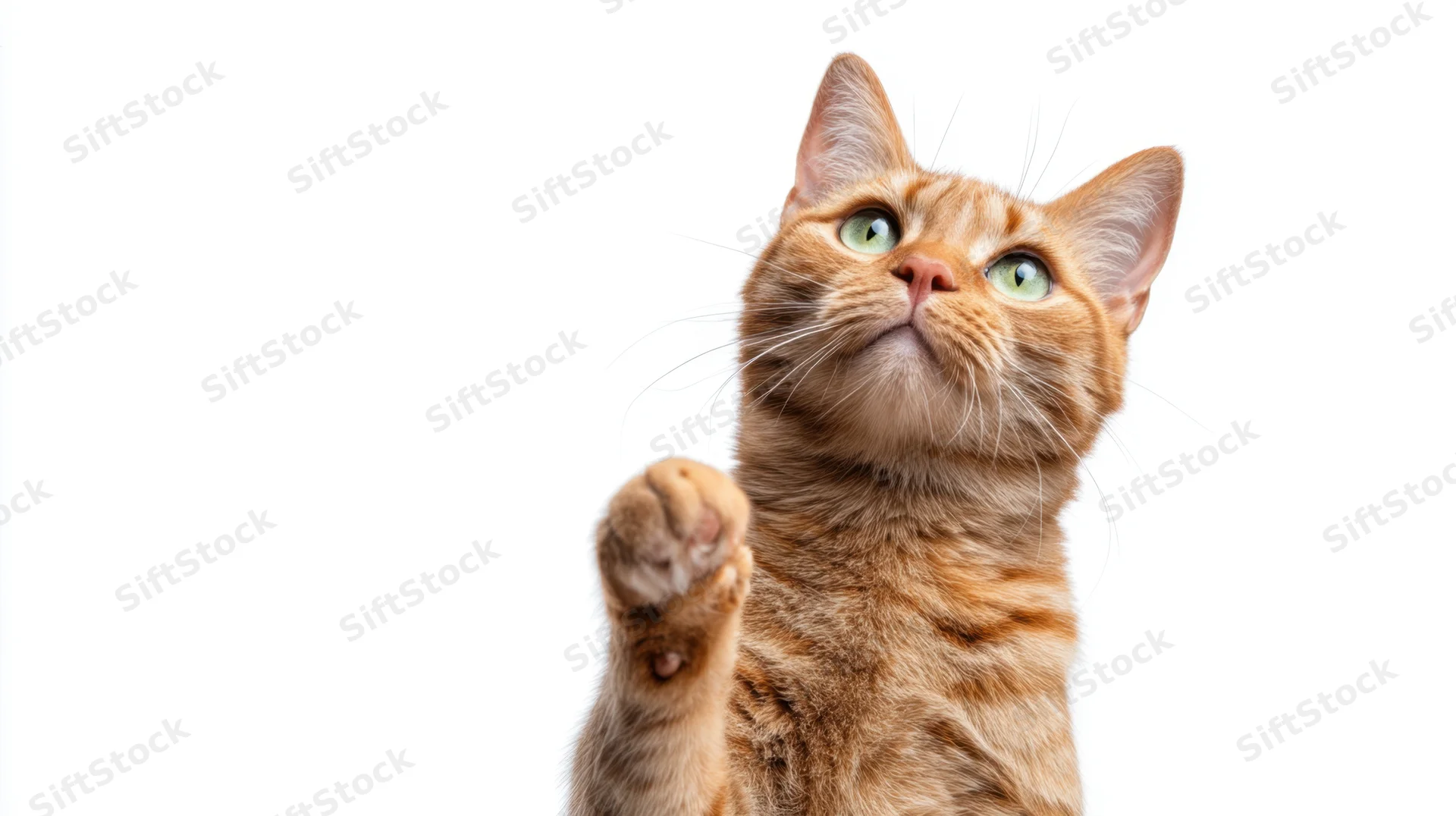 Orange tabby cat raising paw and looking up against white background