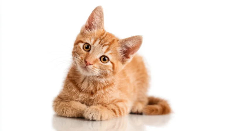 Orange tabby kitten lying on white surface looking up with alert eyes