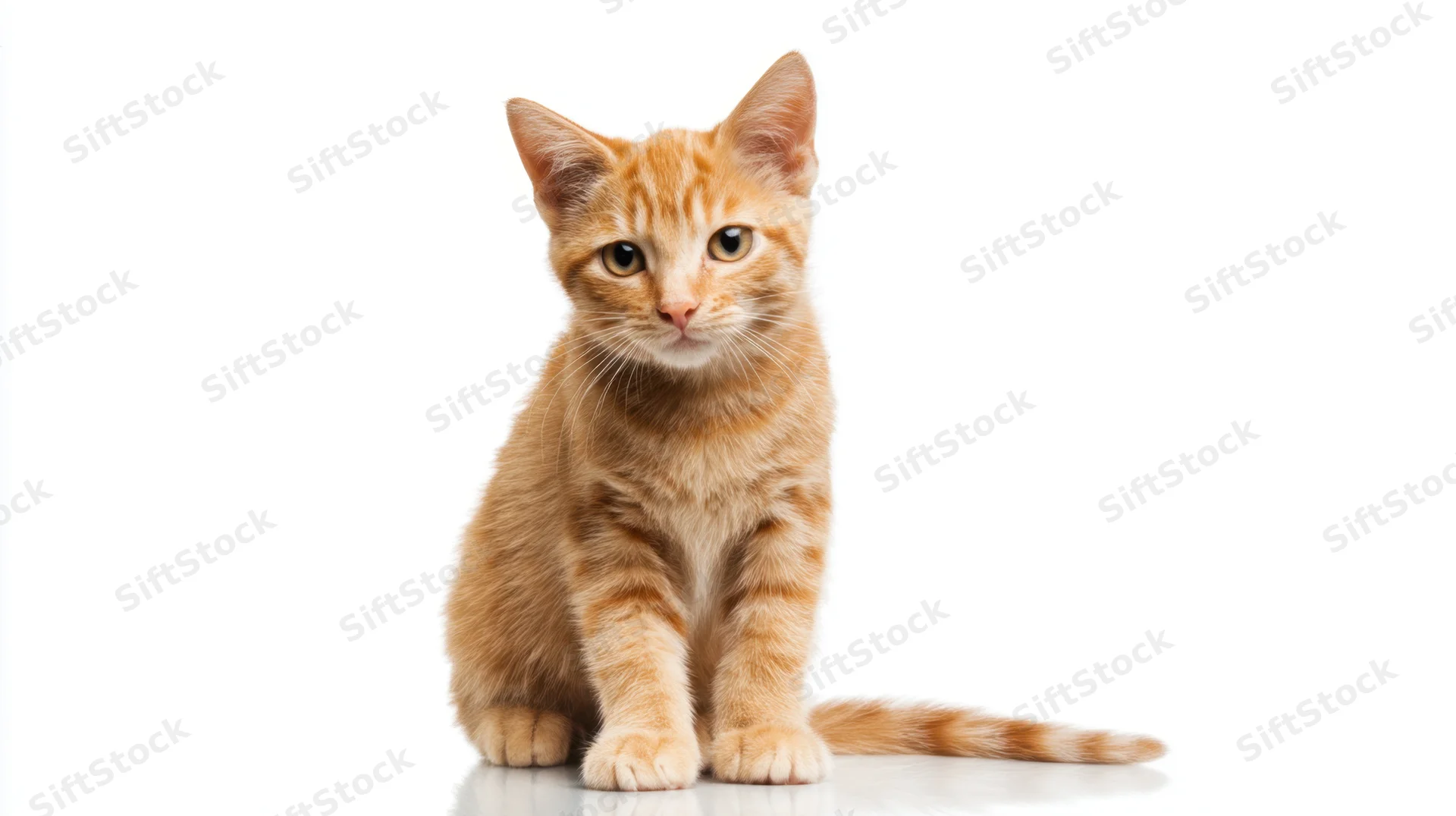Orange tabby kitten sitting alertly on a white reflective surface