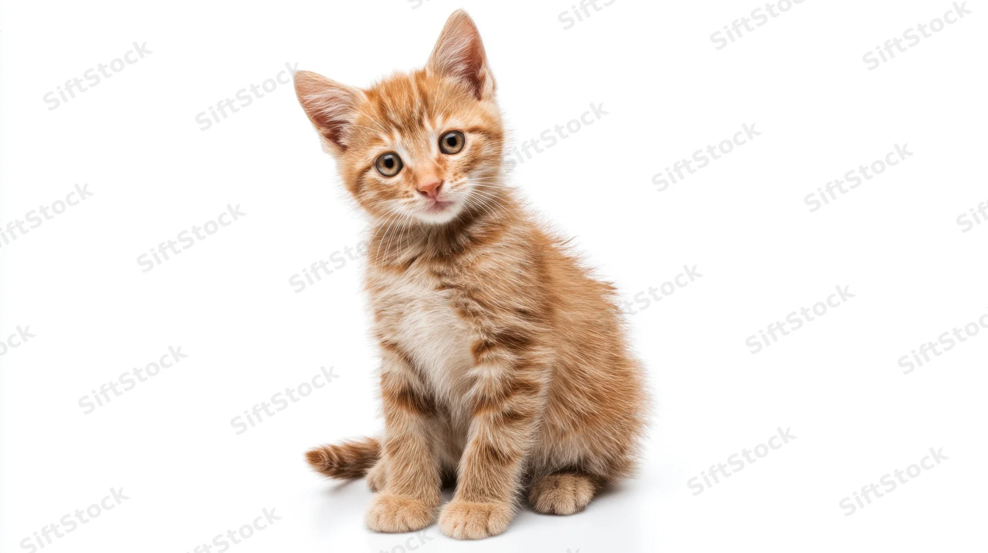 Orange tabby kitten sitting and looking up on white background