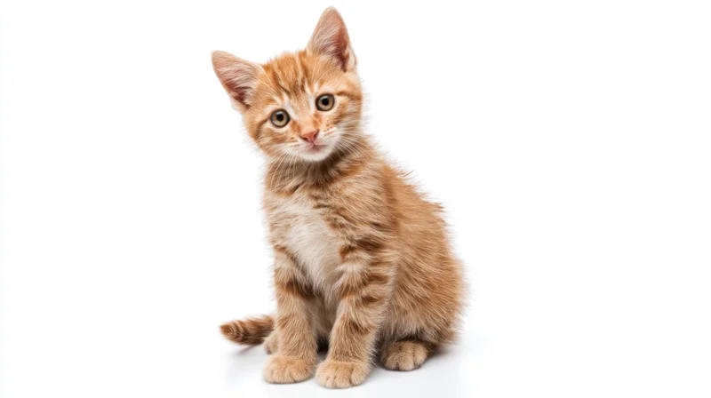 Orange tabby kitten sitting and looking up on white background