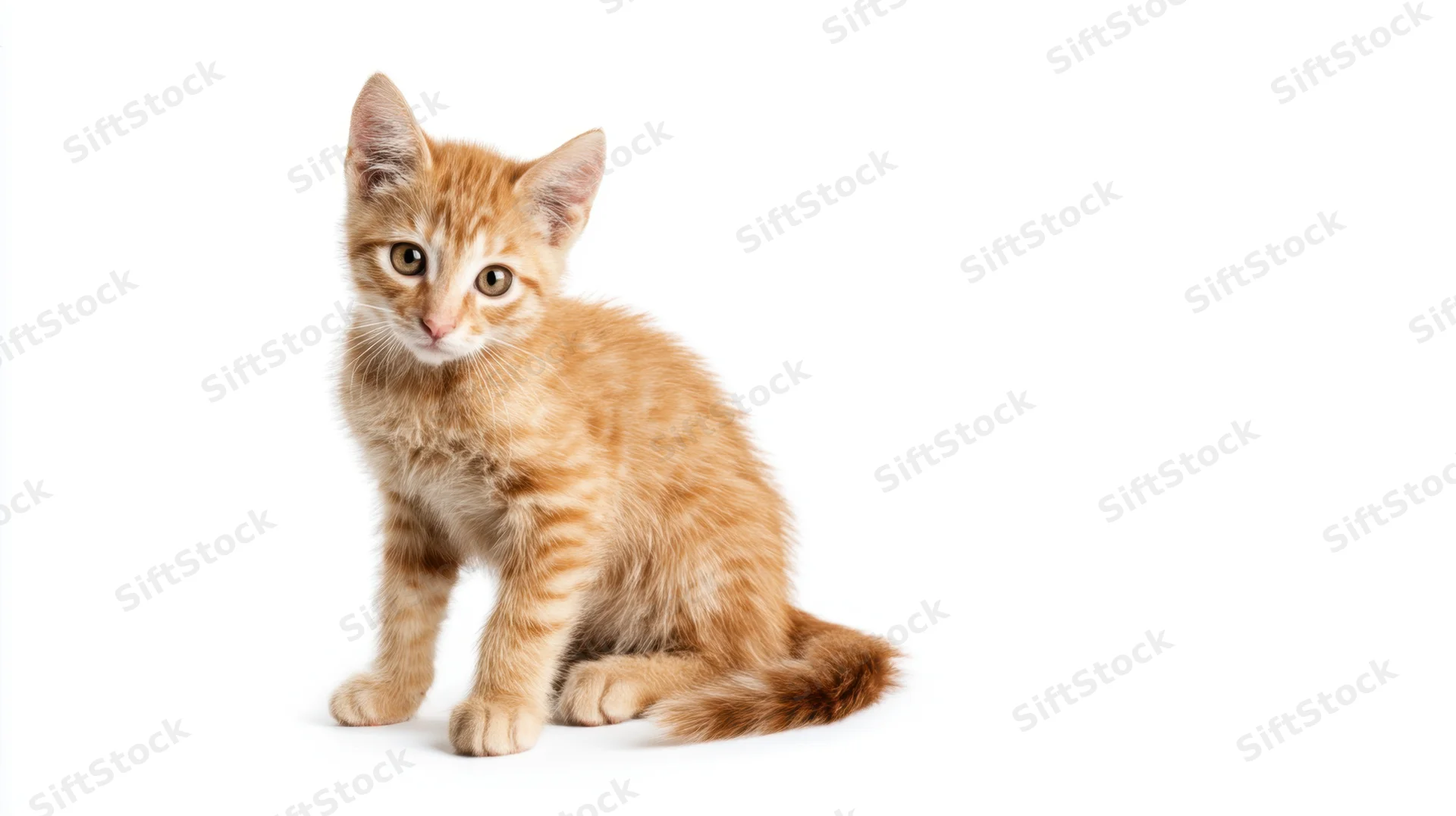 Orange tabby kitten sitting and looking alert on white background