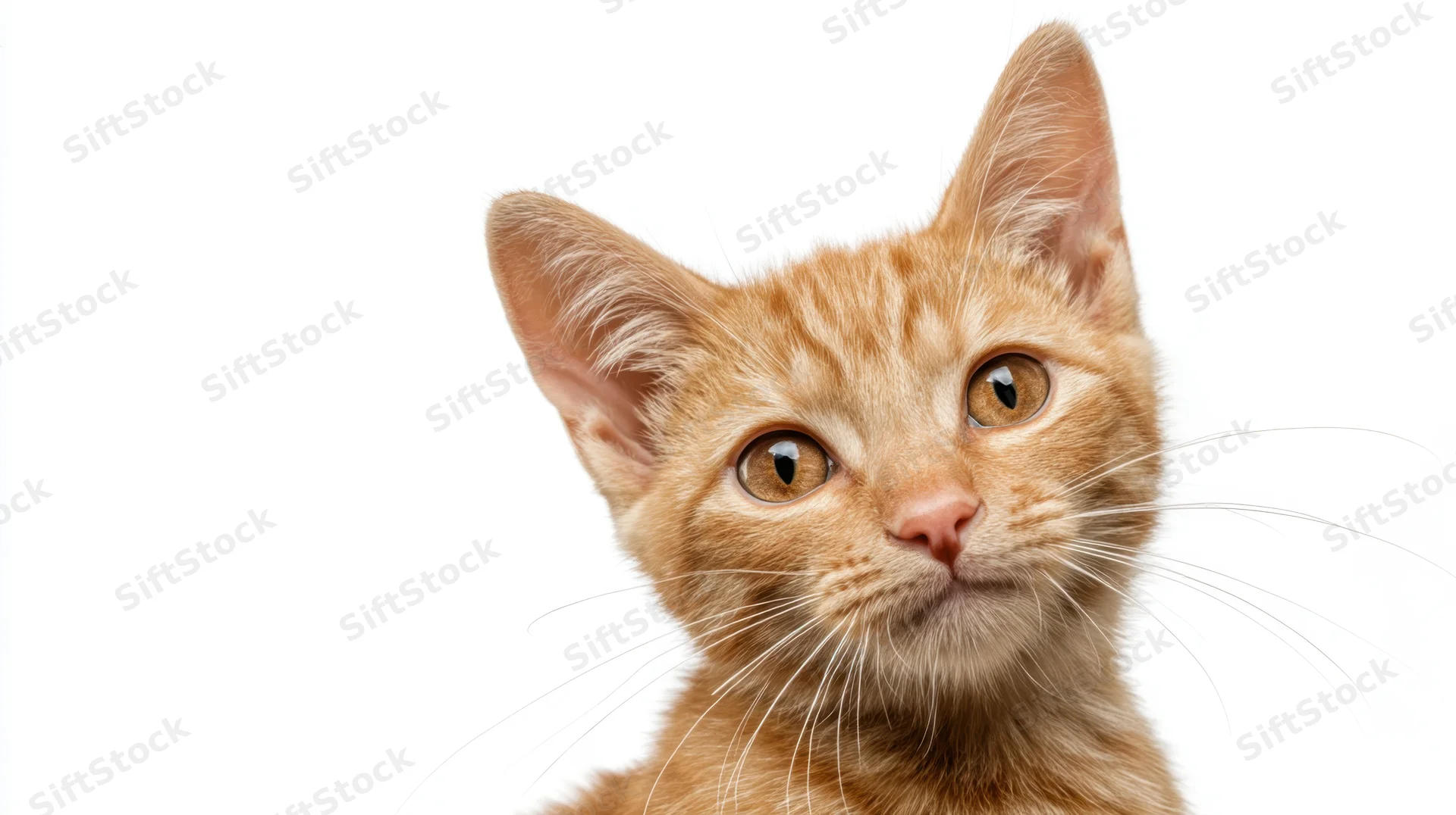 Orange tabby kitten looking up in studio portrait against white background