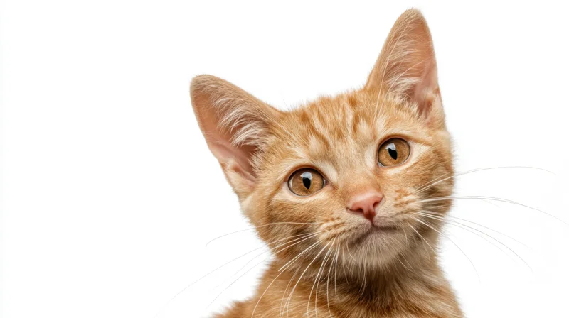 Orange tabby kitten looking up in studio portrait against white background