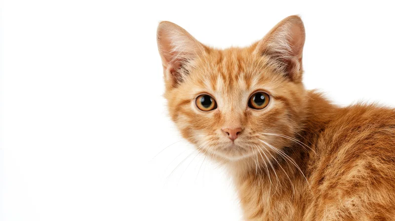 Orange tabby kitten looking alert in studio portrait against white background