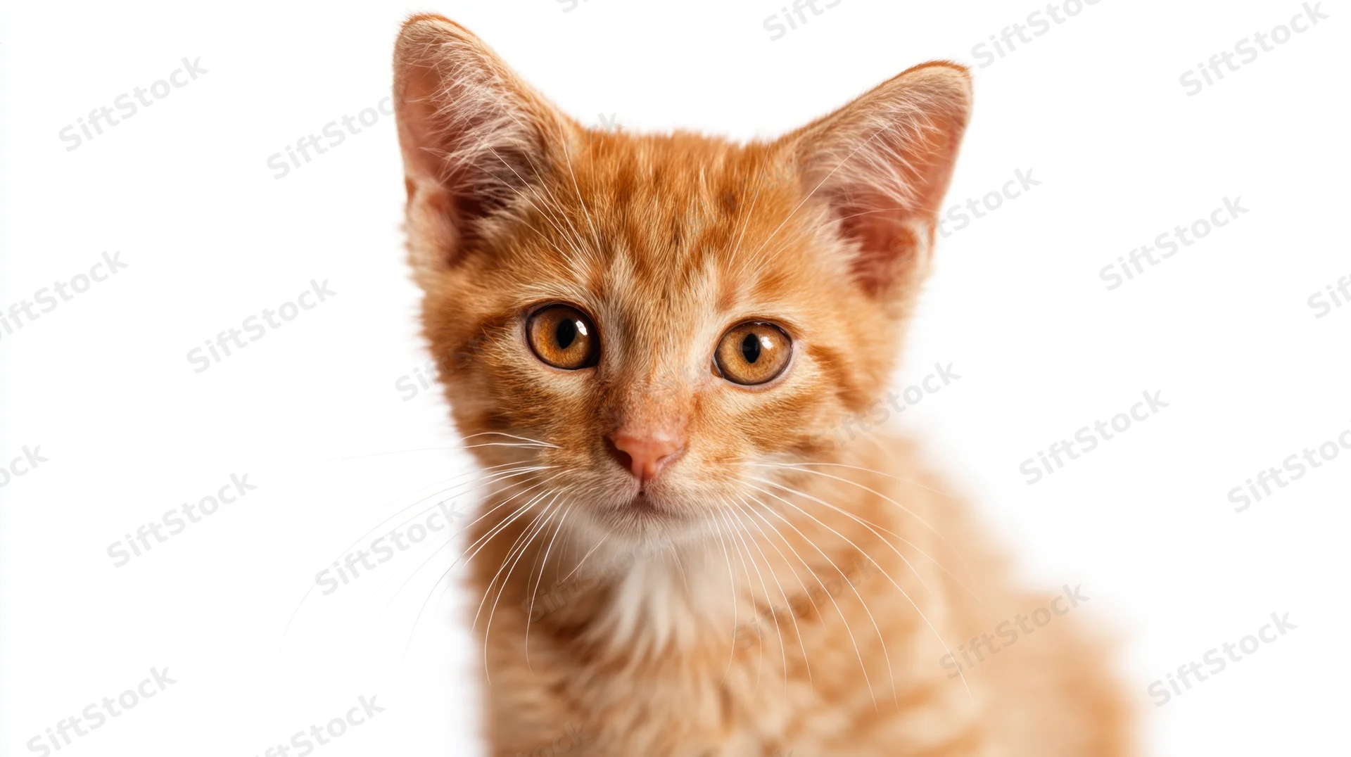 Orange tabby kitten looking directly at camera against white background