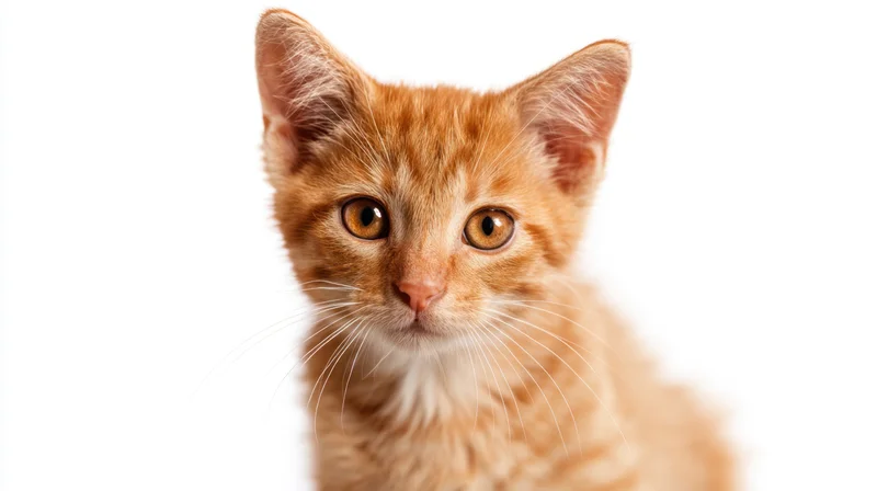 Orange tabby kitten looking directly at camera against white background