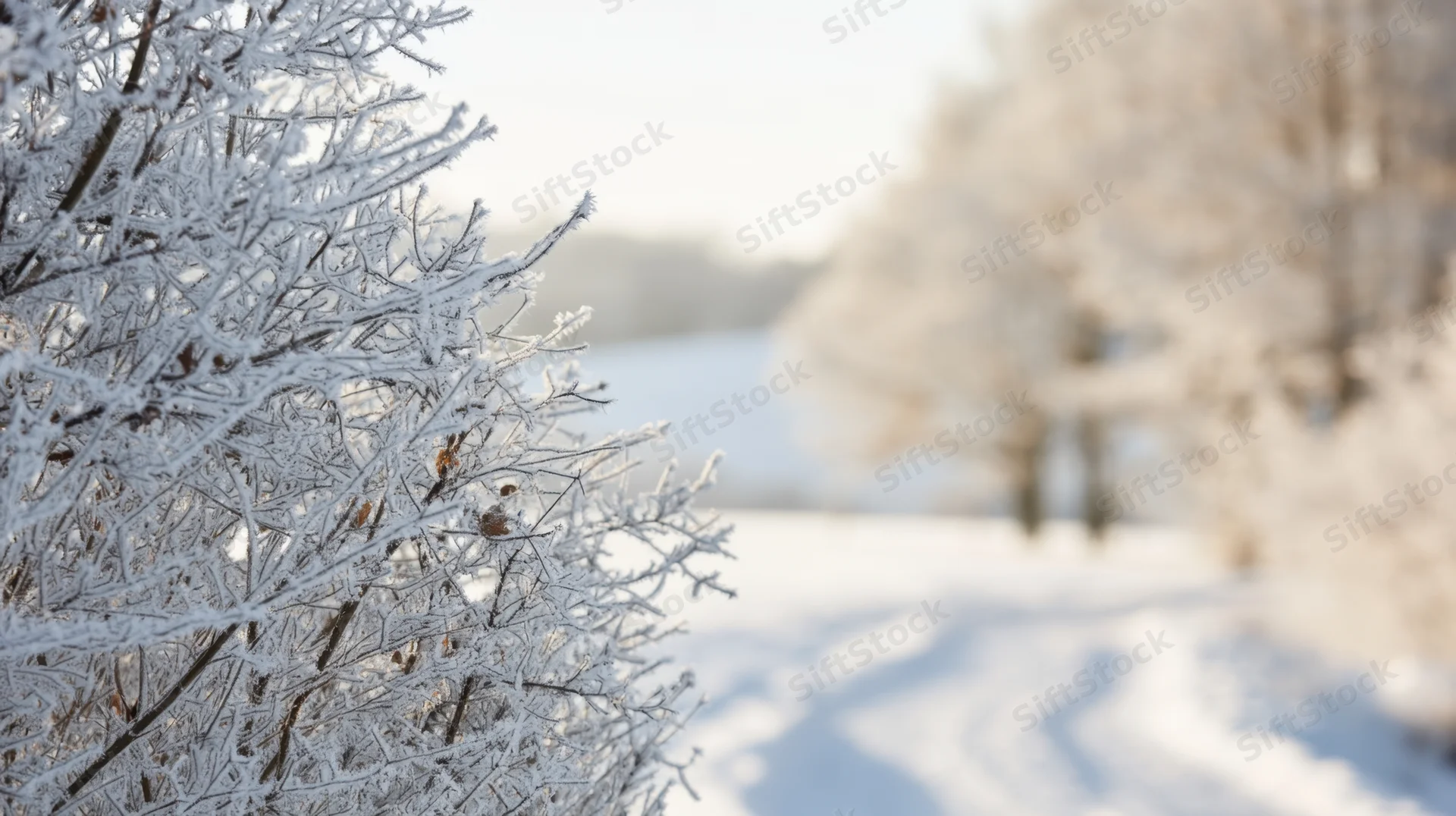 Frost-covered branches in a snowy forest path at sunrise