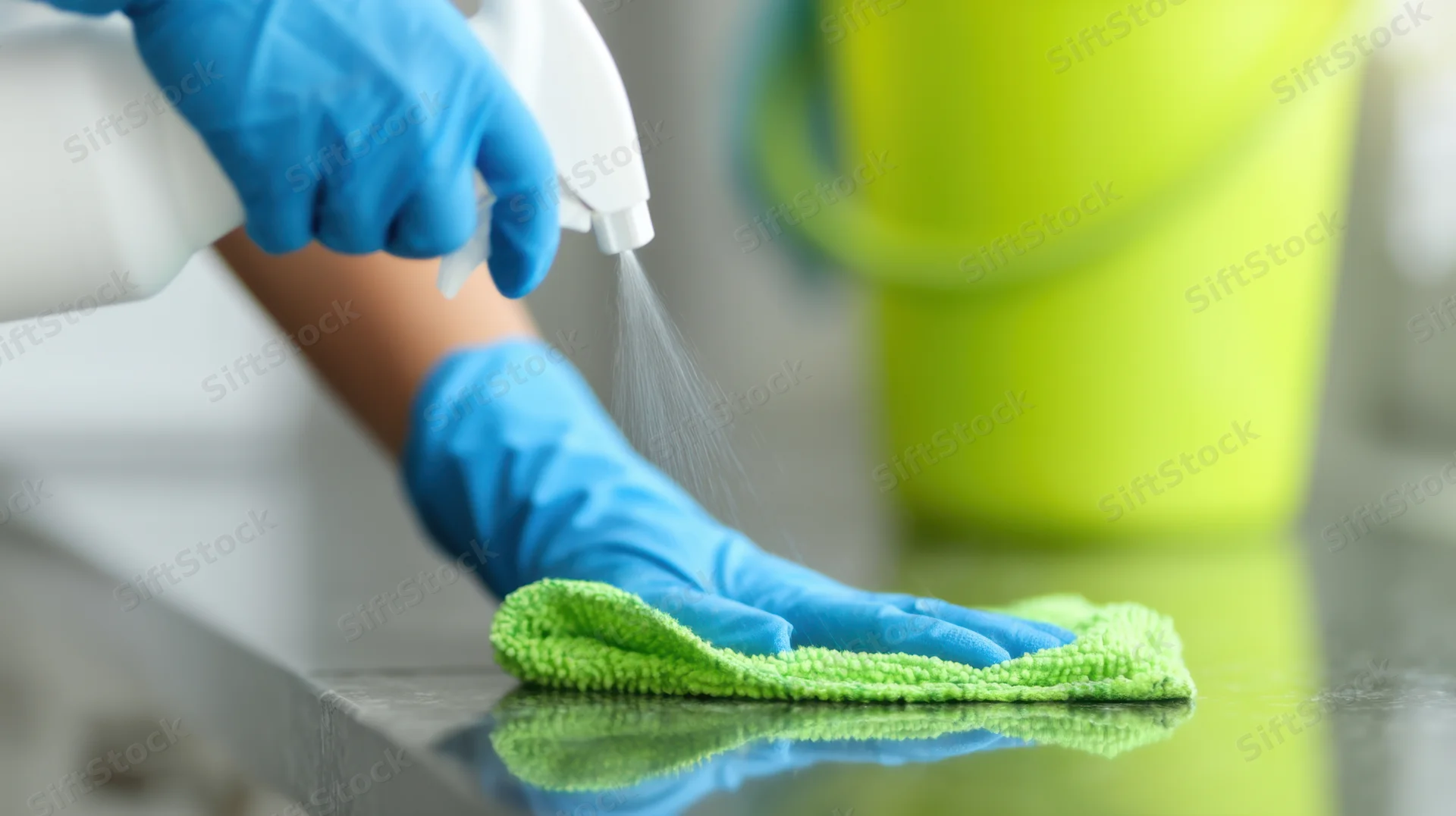 Gloved hands spraying disinfectant and wiping a kitchen countertop with a green cloth