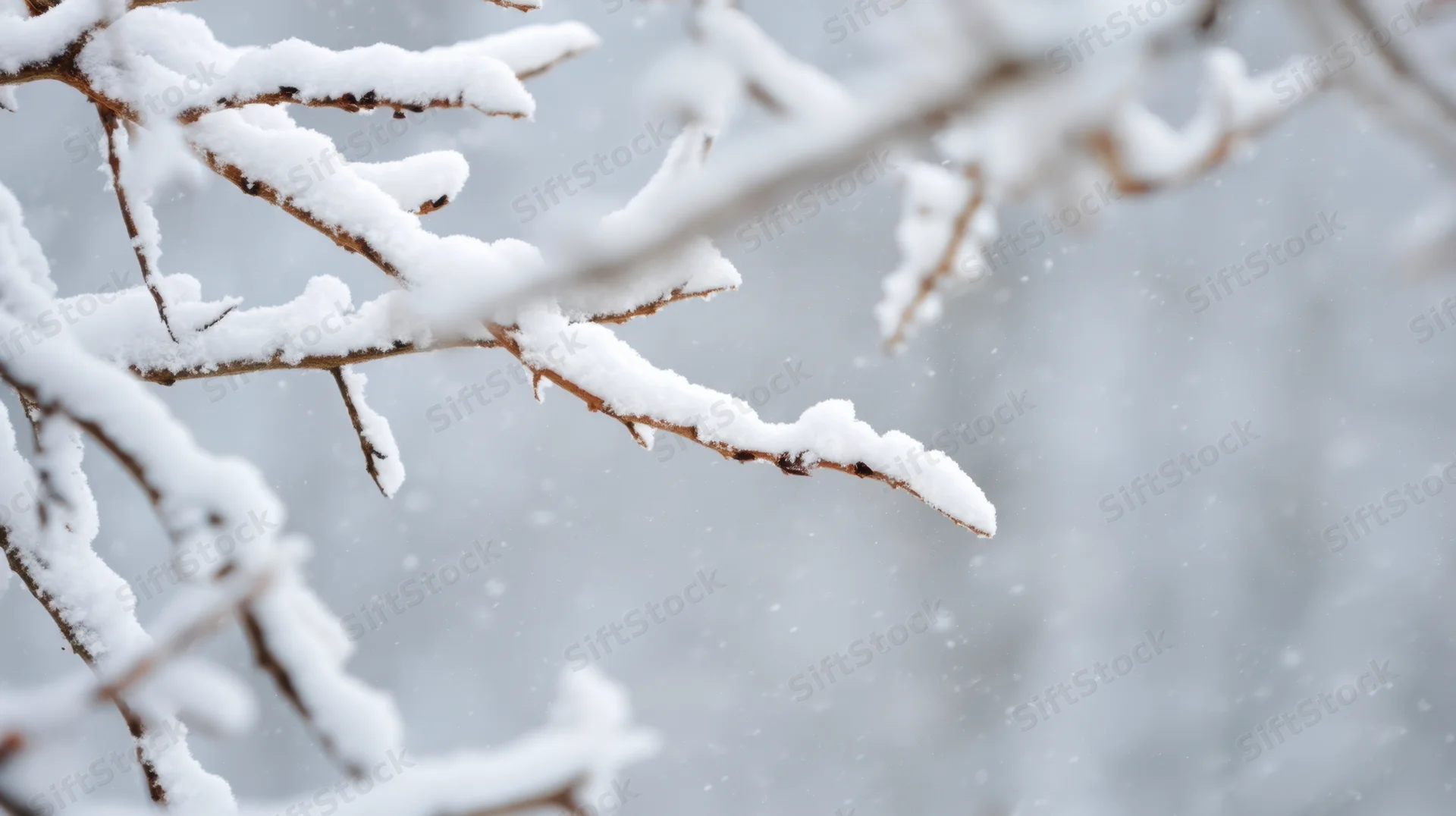 Snow-covered tree branch in winter forest during snowfall