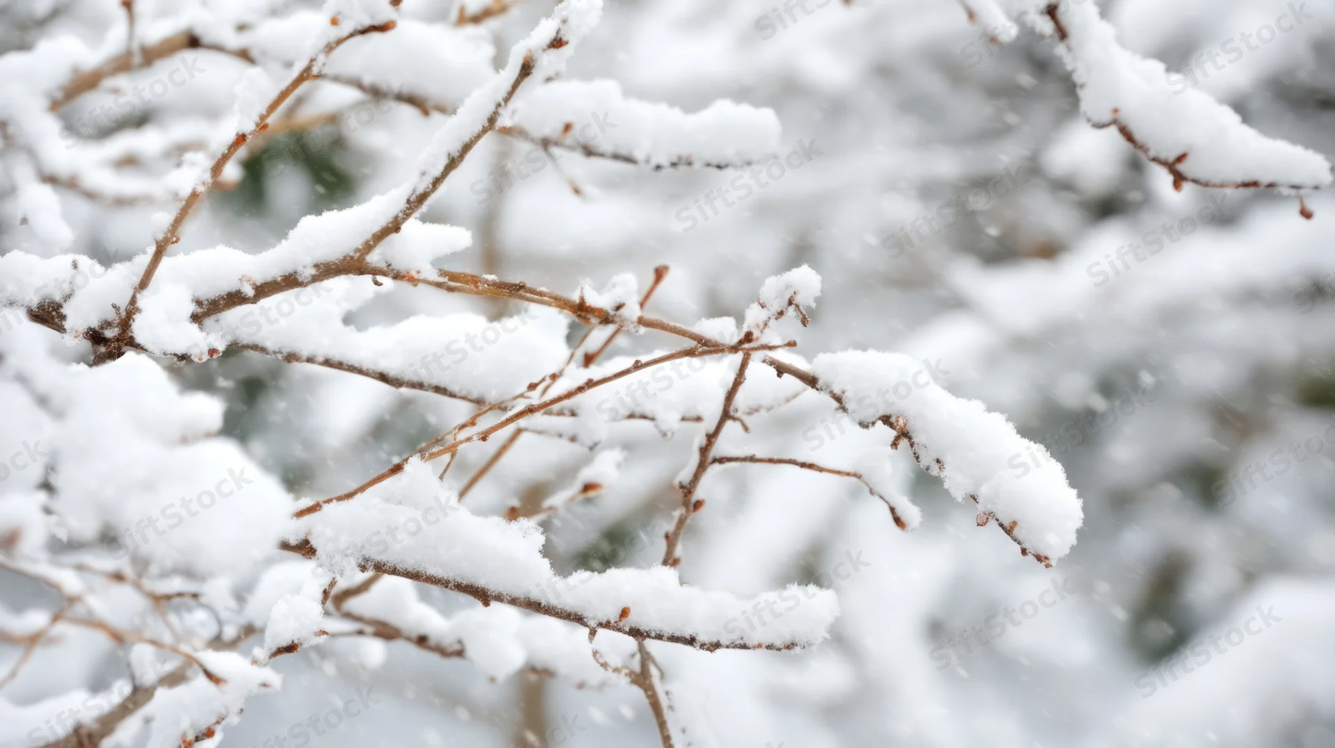 Snow-covered tree branch in winter forest
