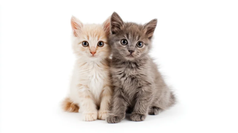Two kittens sitting together on a white background