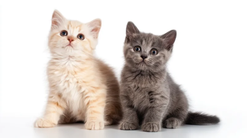 Two kittens sitting side by side on a white background