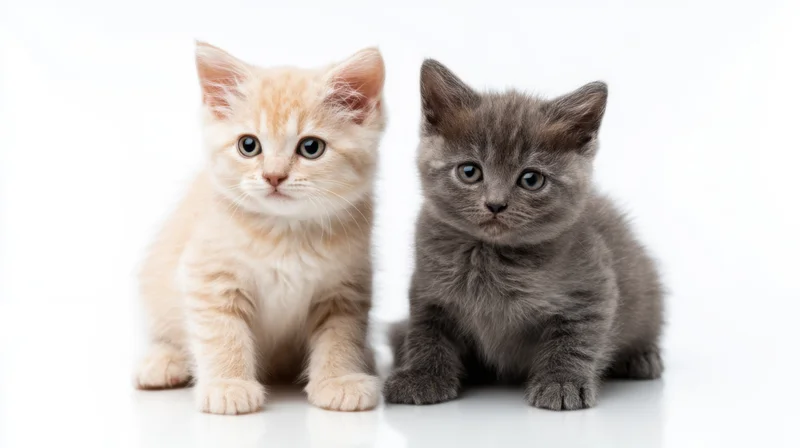 Two kittens sitting side by side on a white studio background