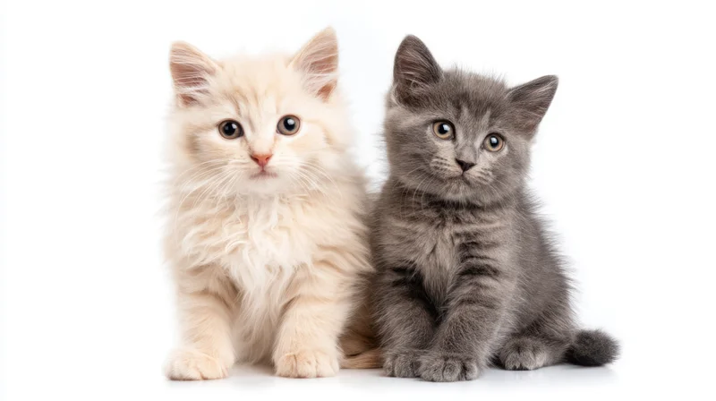 Two kittens sitting side by side on white background