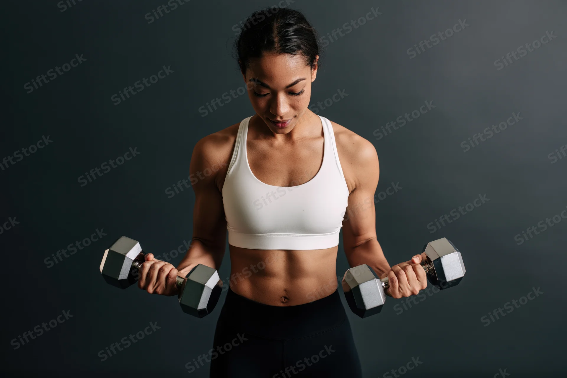 Woman lifting dumbbells in a dark studio wearing sportswear