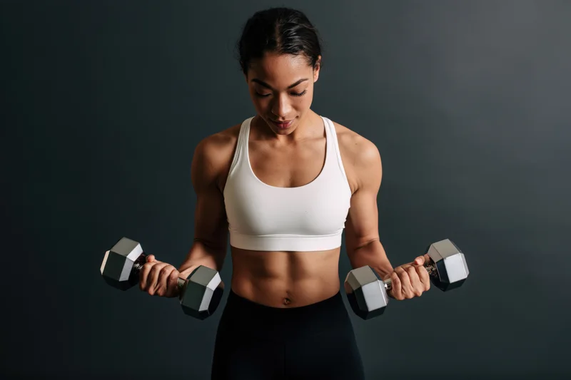 Woman lifting dumbbells in a dark studio wearing sportswear