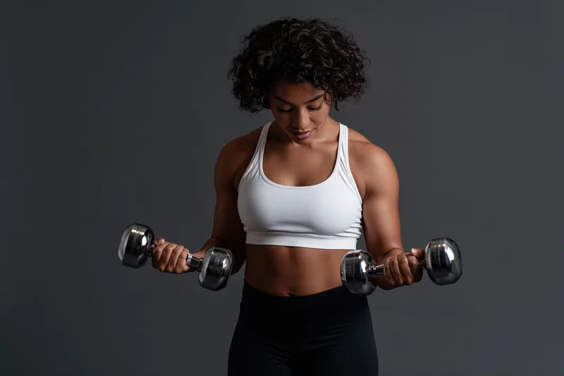 Woman lifting dumbbells in a dark studio wearing white sports bra and black leggings