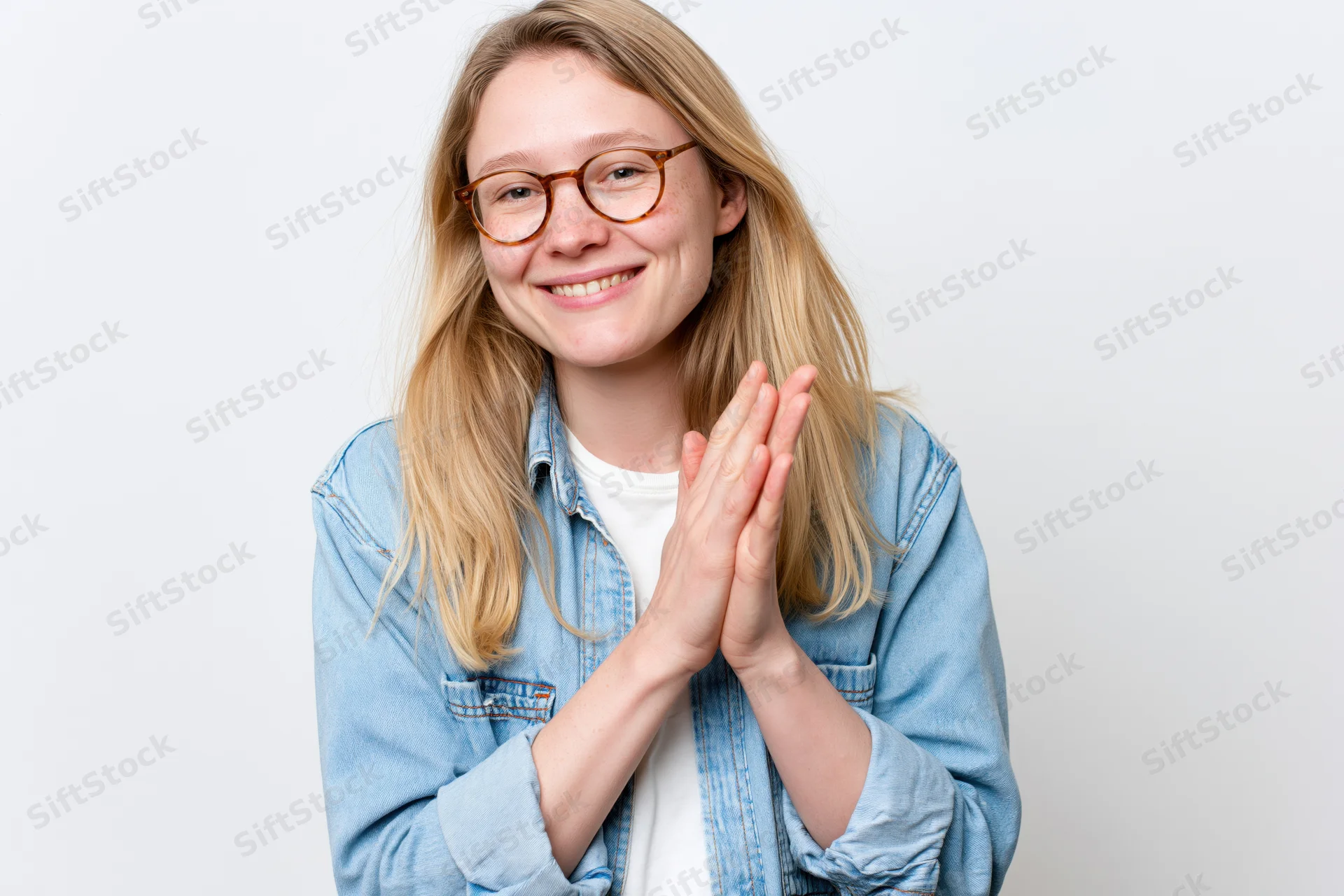 Young woman with long blonde hair and round glasses smiling while clapping her hands in a studio setting