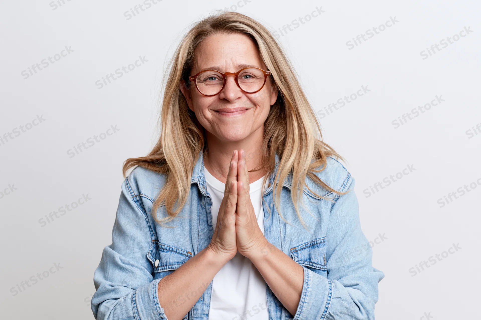 Woman with long blonde hair and round glasses smiling with hands clasped in prayer gesture against white background