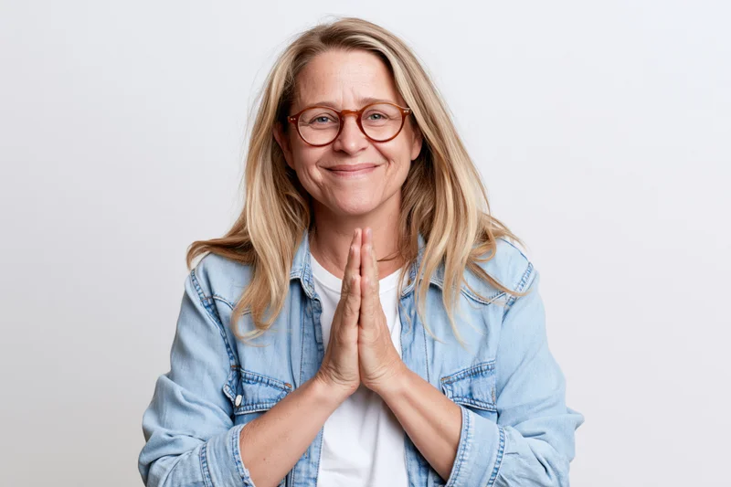Woman with long blonde hair and round glasses smiling with hands clasped in prayer gesture against white background