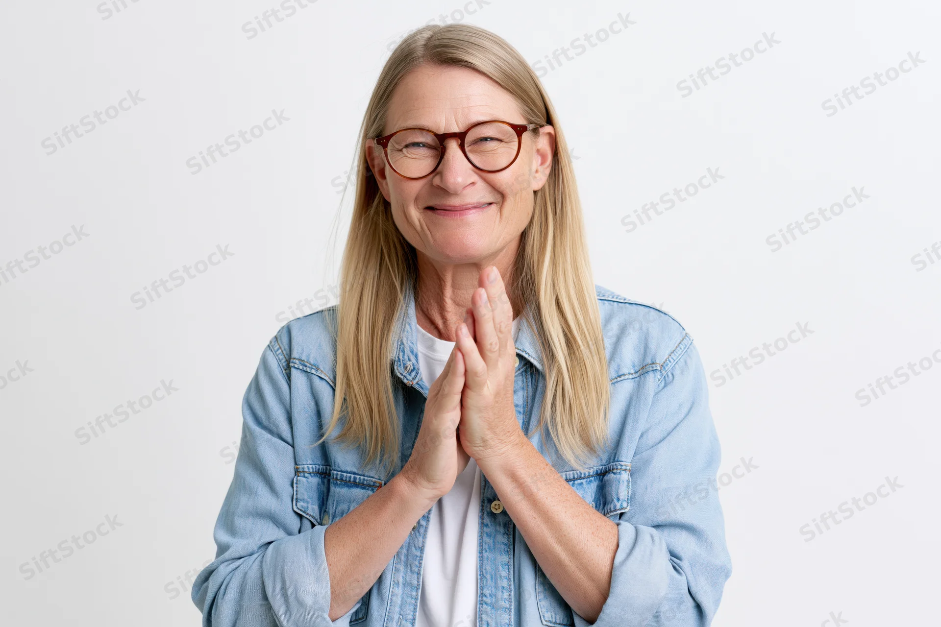 Senior woman with long blonde hair and round glasses smiling with hands clasped in prayer gesture against white background