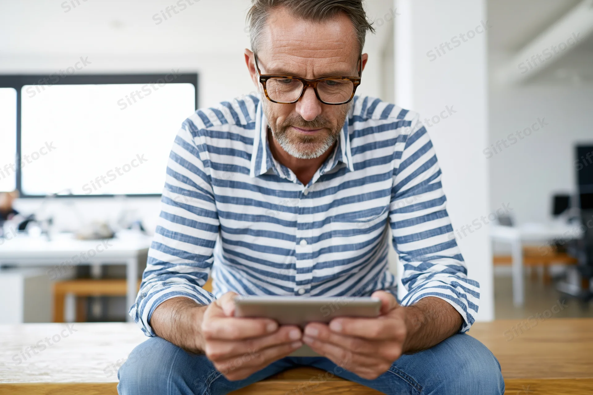 Man with glasses focused on tablet while sitting at wooden desk in modern office workspace