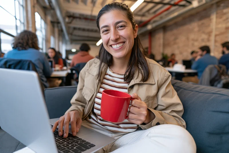 Woman smiling at camera while typing on laptop and holding red mug seated on couch in modern office space
