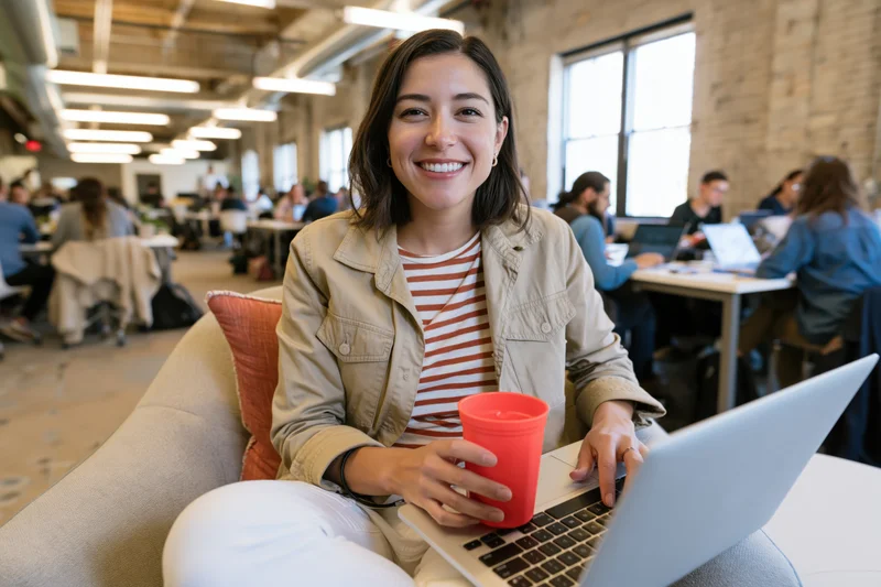 Woman smiling at camera seated on sofa with laptop in modern office workspace