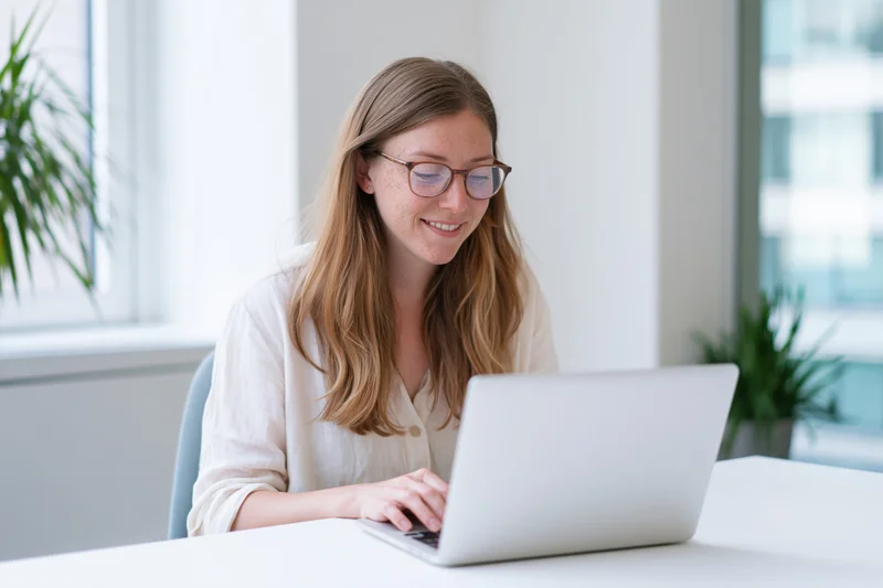 Woman smiling while typing on laptop at office desk