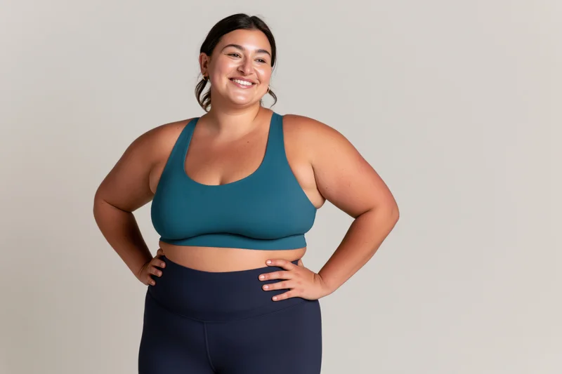 Plus size woman smiling with hands on hips in teal sports bra and navy leggings against plain background