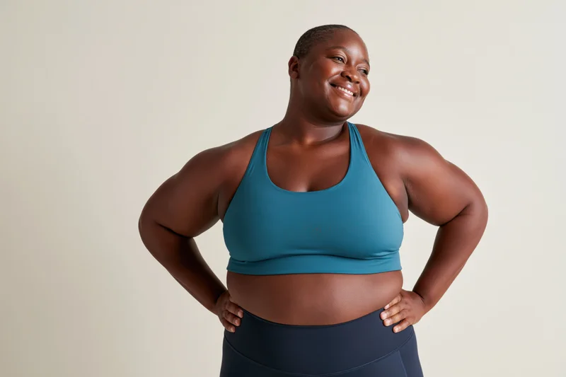 Plus size woman smiling with hands on hips in teal sports bra and dark leggings against neutral background