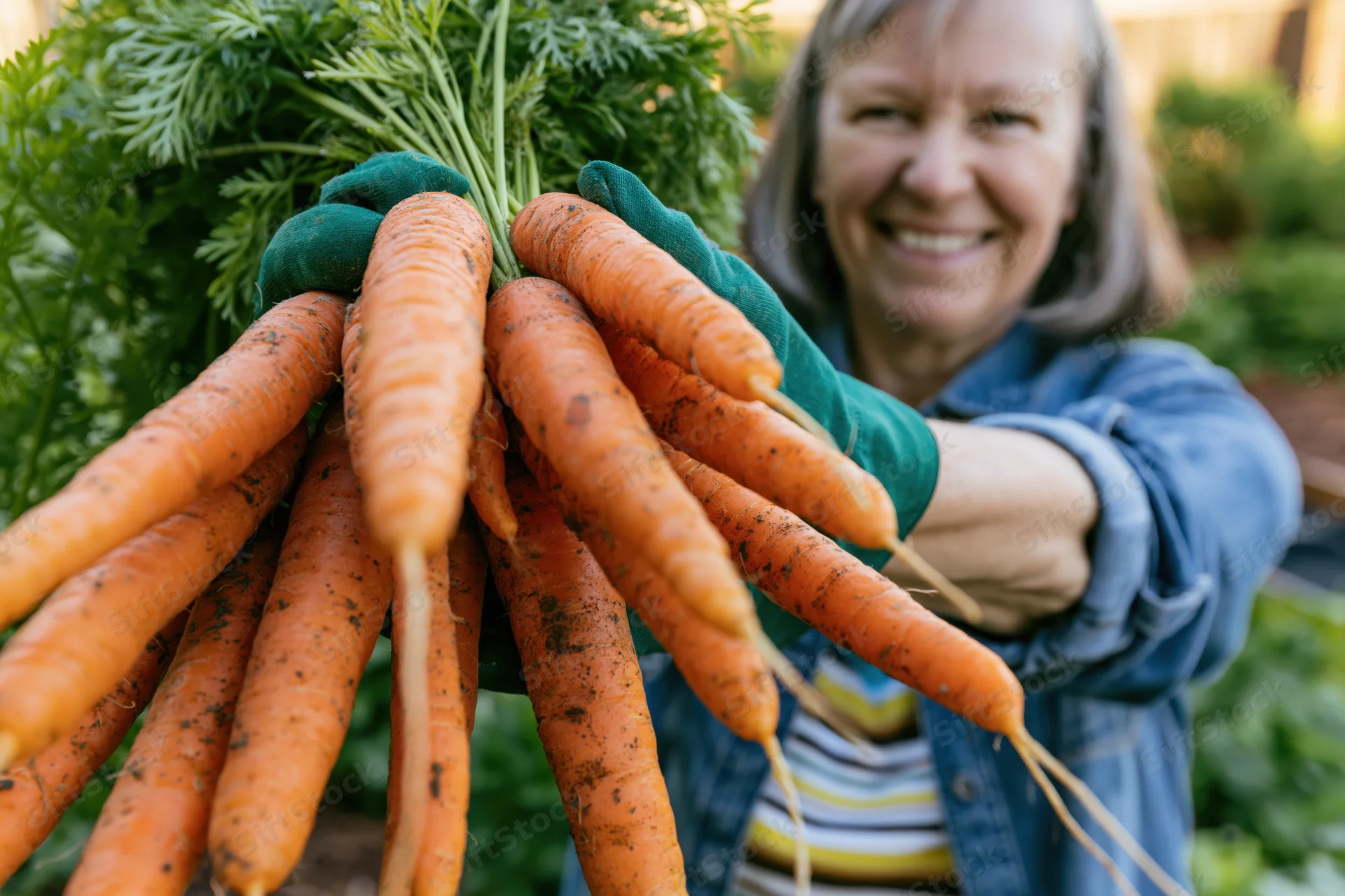 Woman holding a bundle of freshly harvested carrots in a garden