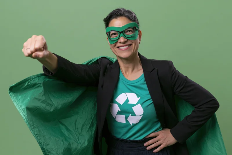 Woman superhero in green cape and mask posing with fist raised and smile