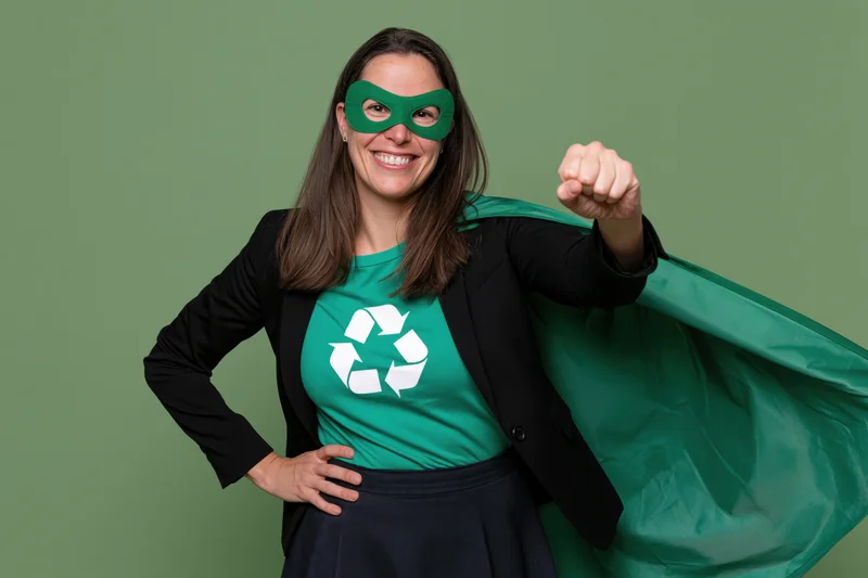 Woman in green superhero costume with recycling symbol tshirt posing confidently against green background